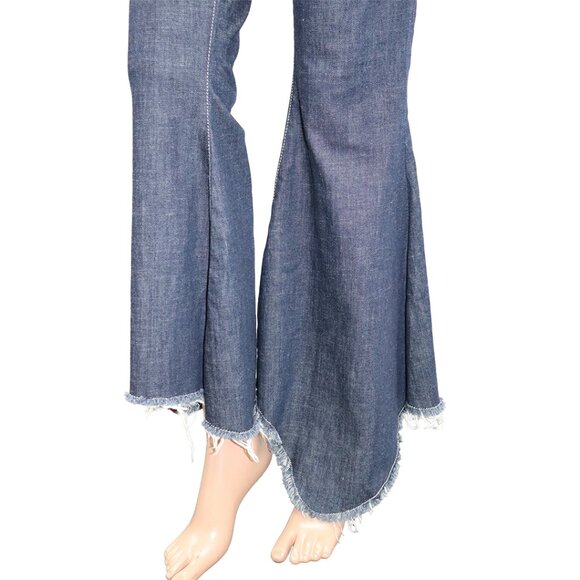 Stylish Italian Please Dark Wash Denim Jeans Flare Raw Hem L - Picture 3 of 6